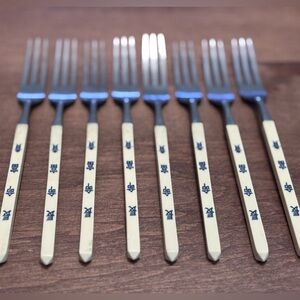 Vintage Stainless&Plastic,Made in Japan.Mid Century appetizer forks. Set of 8